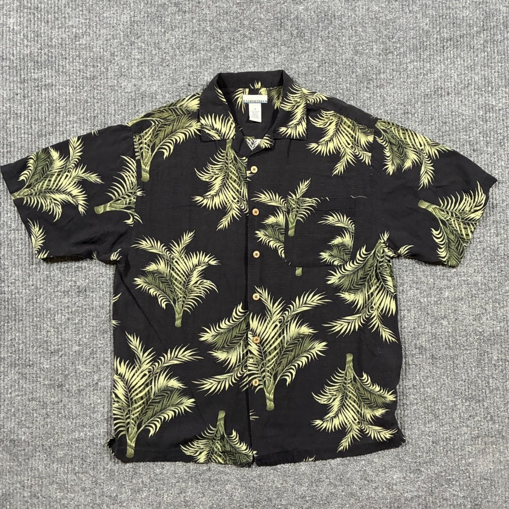 Vintage Breakwater Hawaiian Button Shirt Mens Medium Black Palm Tree Rayon Camp